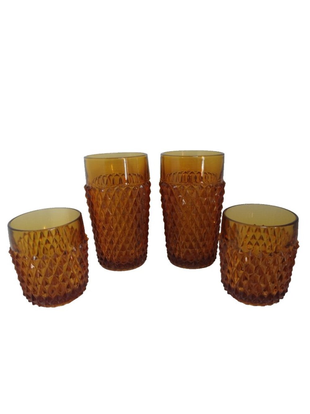 Set of 4 Vtg. Amber Indiana Diamond Point Flat Tumblers 5"3/4 & 3"3/4 New
